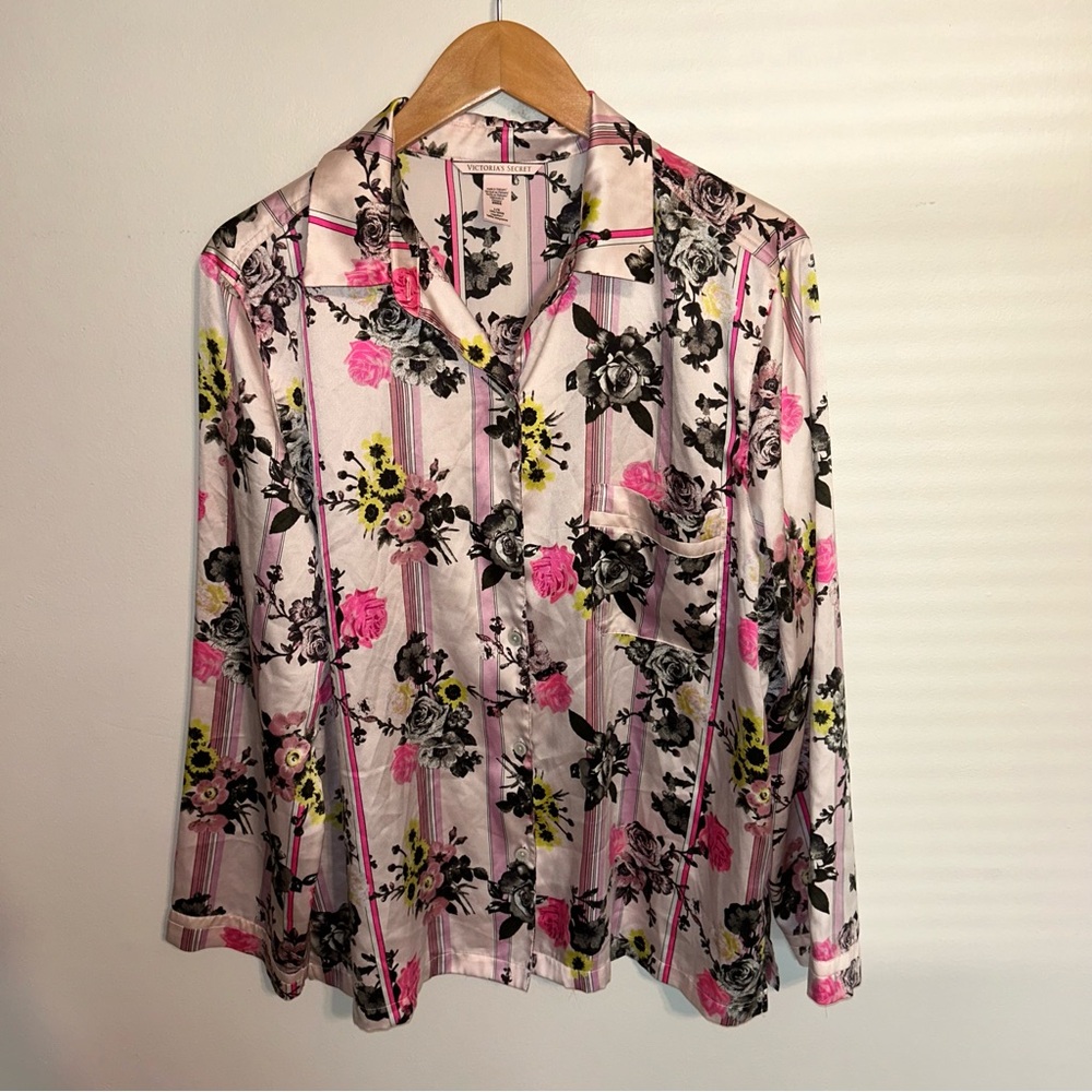 Victoria’s Secret Satin Pink Floral Long Sleeve Sleep Shirt L Large PJ Top Only